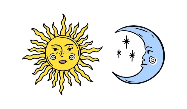 face da lua e do sol conjunto de belos desenhos animados místicos elementos de rabiscos sol e crescente cósmico
