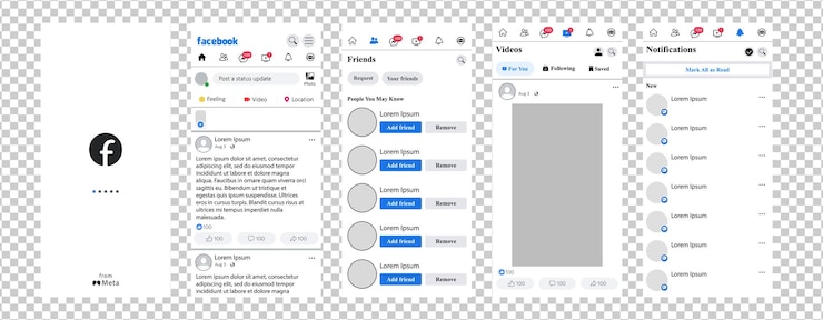 Vetor facebook mockup ecrã mídia social modelo de interface de rede social configure tela do facebook mídia social e modelo de interface da rede social frame de foto do facebook histórias gostaram de fluxo editorial