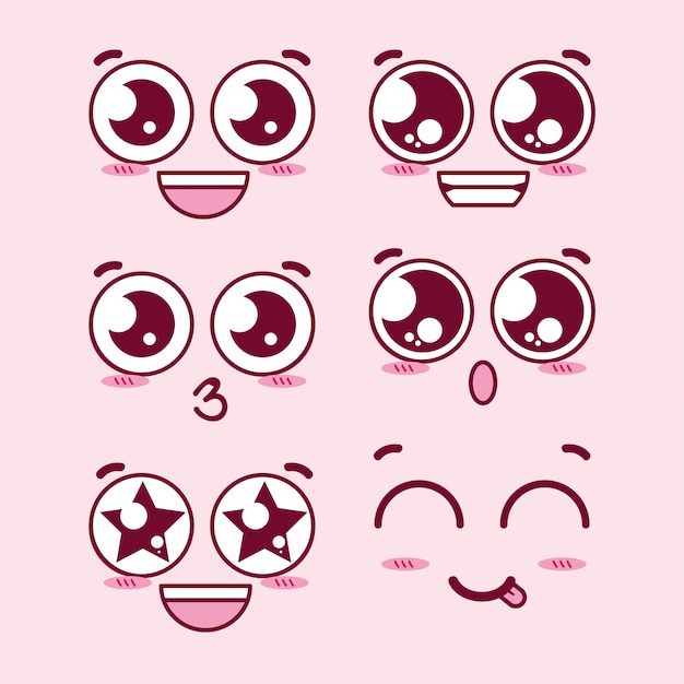 Vetor faces de expressão de olhos kawaii