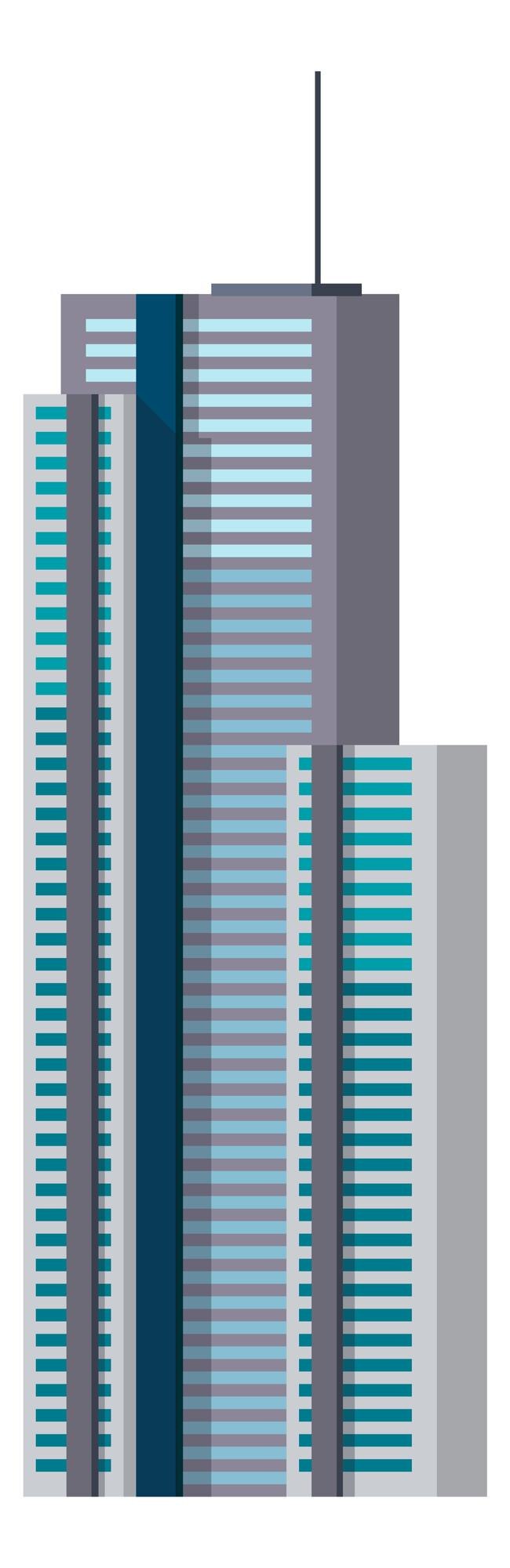 Vetor fachada de arranha-céu. torre de vidro brilhante com reflexo nas janelas