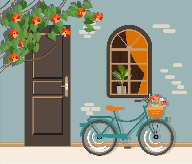 Fachada de casa com janela e ilustração de estilo simples de bicicleta