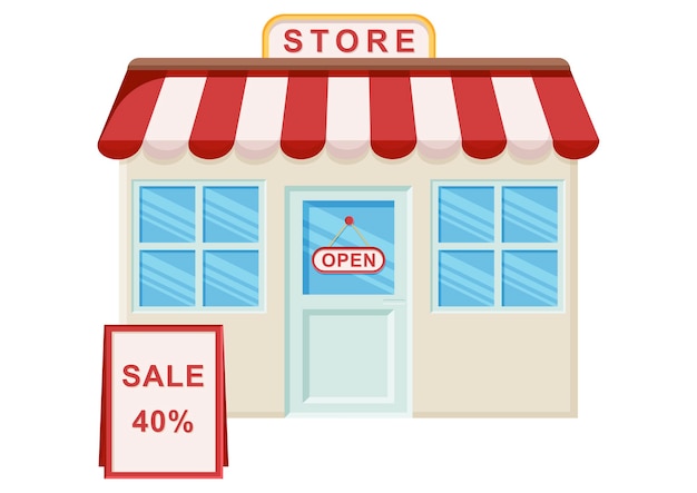 Fachada de loja com desconto de venda design plano loja clipart vetor ilustração em fundo branco