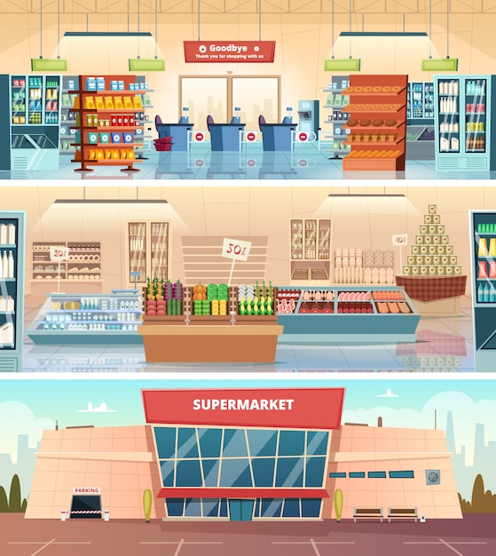 Vetor fachada de supermercado. mercearia comida mercado interior shopping dentro de ilustrações dos desenhos animados de caixa