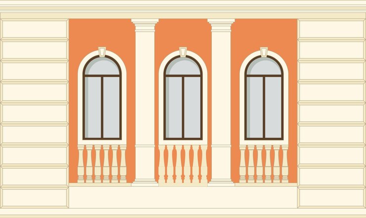 Vetor fachada do edifício de um andar com janelas e elementos decorativos de uma balaustrada de coluna arquitetura de casa em estilo clássico