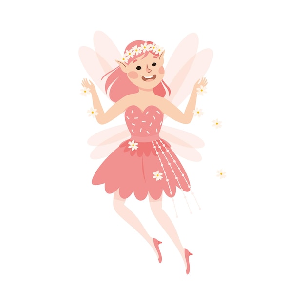 Fada bonita com cabelo rosa voando com asas Ilustração vetorial