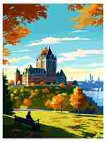 Vetor fairmont le chateau frontenac cartaz de viagem vintage, lembrança, cartão postal, pintura de retrato, ilustração