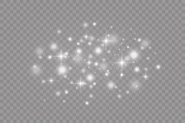 Faíscas brancas e estrelas brilham com efeito de luz especial. Brilha em fundo transparente.