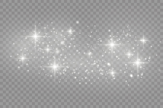 Faíscas brancas e estrelas douradas brilham efeito de luz especial. brilha em fundo transparente.