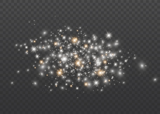 Faíscas brancas e estrelas douradas brilham efeito de luz especial. Brilhos em fundo transparente. Partículas de poeira mágica cintilante