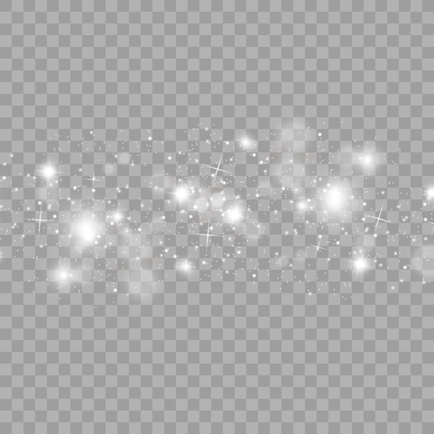 Faíscas brancas e estrelas douradas brilham efeito de luz especial. o vetor brilha em fundo transparente