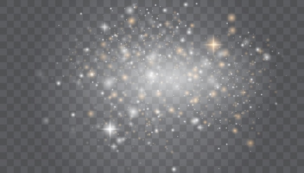 Faíscas brancas e estrelas douradas brilham efeito de luz especial. Poeira estelar.