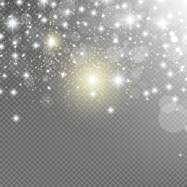 Faíscas brancas e estrelas douradas brilham efeito de luz especial. Vector brilha em fundo transparente. Resumo de Natal