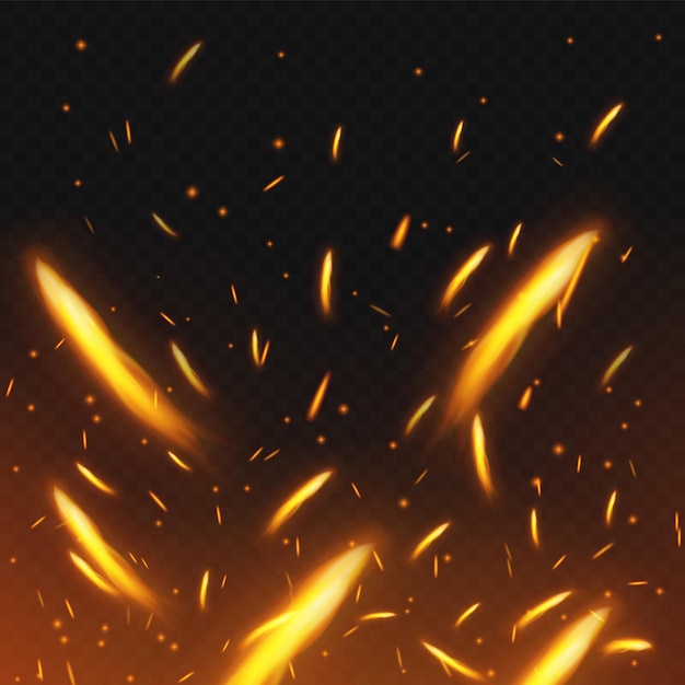 Faíscas de fogo voando textura de tempestade de fogo acende carvão em fundo transparente ilustração vetorial