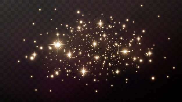 Faíscas de ouro e estrelas douradas brilham com um efeito de luz real. A explosão do confete dourado.