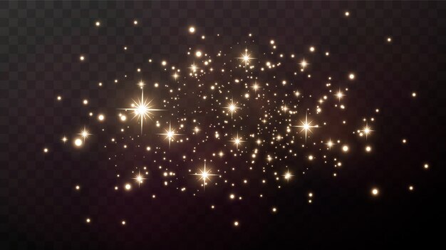 Faíscas de ouro e estrelas douradas brilham com um efeito de luz real. a explosão do confete dourado.