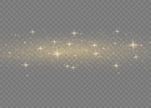 Faíscas de ouro e estrelas douradas brilham efeito de luz especial. Brilhos em fundo transparente.