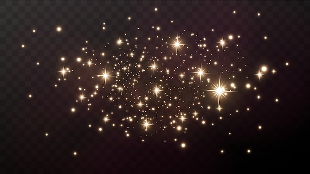 Faíscas douradas e estrelas douradas brilham com um efeito de luz especial.