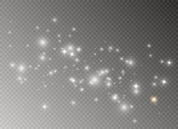Faíscas e estrelas brilham, isolado. Partículas de poeira mágica cintilante.