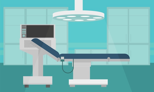 Faixa de enfermaria de paciente de terapia intensiva interior de quarto de hospital com ilustração vetorial plana de espaço para cópia