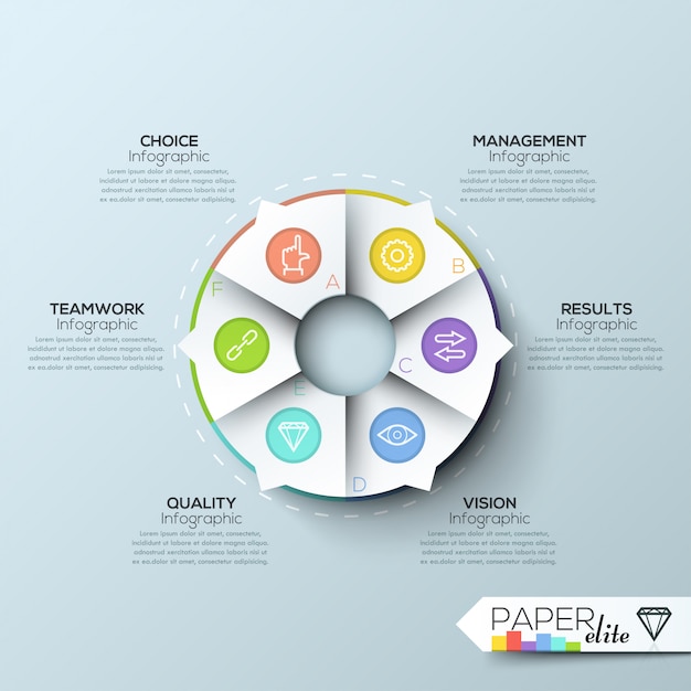 Faixa de opções de infografia moderna com gráfico de pizza em 6 partes e ícones