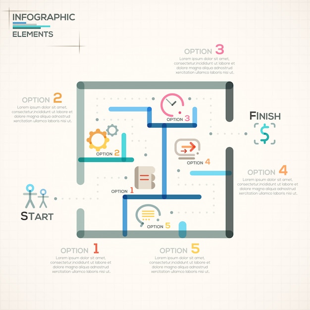 Faixa de opções de infografia moderna com labirinto colorido