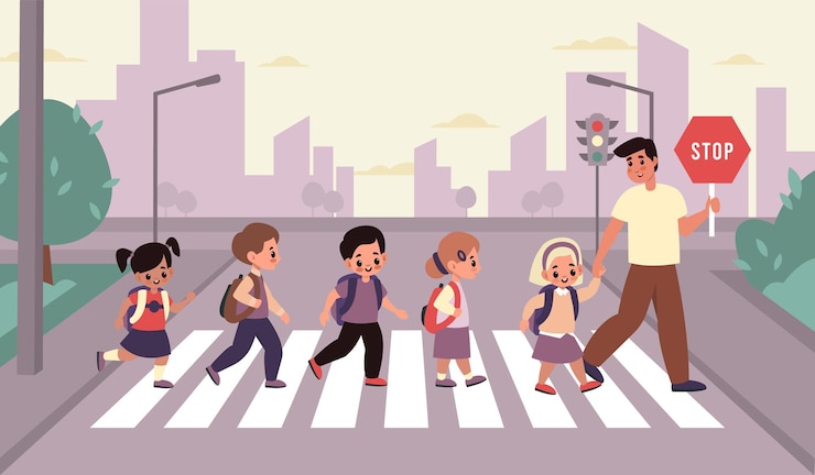 Vetor faixa de pedestres das crianças. grupo de alunos com mochilas na rua transversal com adultos acompanhados, meninos e meninas do ensino fundamental com professor na paisagem urbana. conceito de vetor de estilo plano de desenho animado de segurança rodoviária