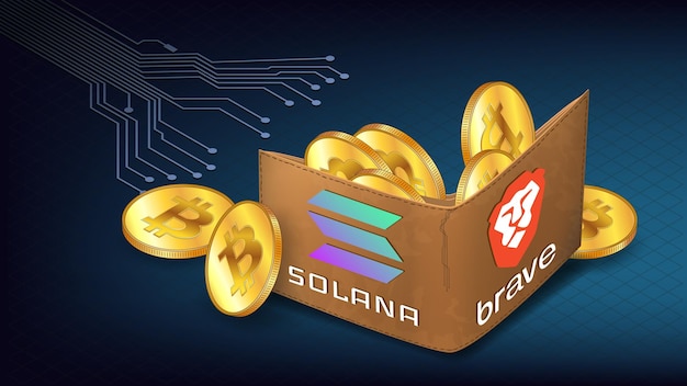 Faixas isométricas de pcb estendendo-se para carteira cheia de moedas de ouro bitcoin btc e logotipo brave browser e solana blockchain em azul brave agora se integra com solana para expandir o acesso à web3