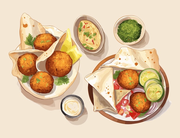 Falafel especial com ilustração desenhada à mão de legumes comida tradicional do Oriente Médio