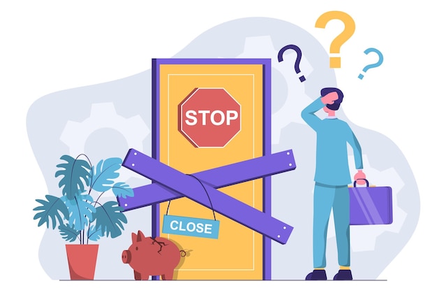 Falência Um empresário está na frente de uma porta fechada que diz STOP