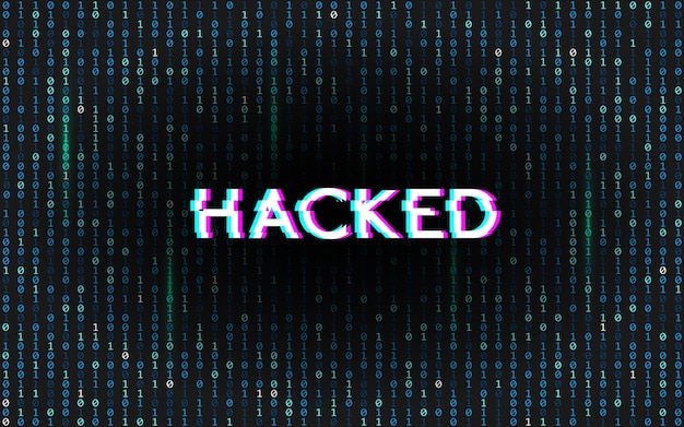 Vetor falha hackeada no fundo da matriz. código binário com texto de efeito estéreo. erro de dados digitais. modelo de ataque de hacker. cenário de tecnologia com distorções. ilustração.