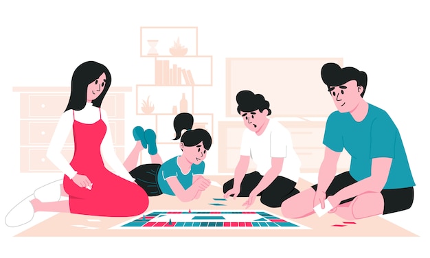 Família a passar tempo juntos. mãe, pai, filha e filho jogando jogo de tabuleiro no chão na sala de estar. fique em casa com as crianças. parentalidade e creche em quarentena.