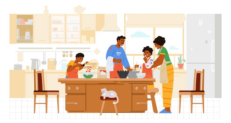 Vetor família afro-americana cozinhando juntos na cozinha