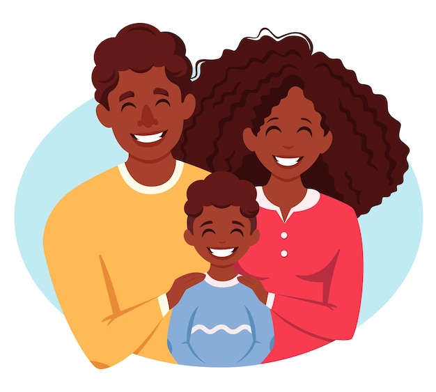 Família afro-americana feliz com filho pais abraçando a criança