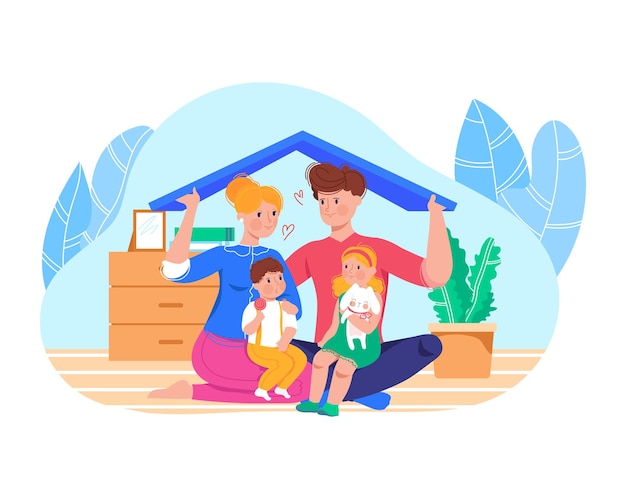 Família Aily brincando com criança feliz mãe e pai no quarto com vetor de desenho animado infantil