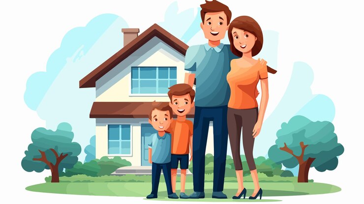 Vetor família alegre de desenhos animados de pé no limiar de sua casa