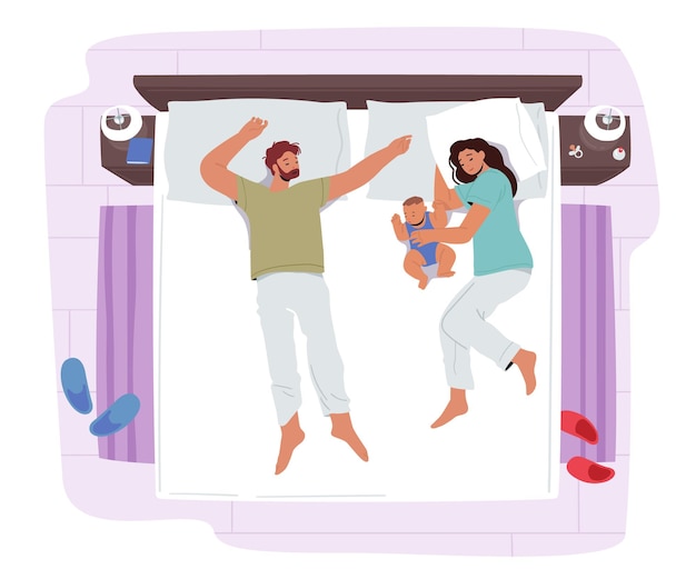 Família amorosa feliz mãe, pai e filho recém-nascido dormindo em uma cama. Personagens de mamãe, papai e criança Nighttime Dream