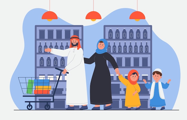 Família árabe feliz no supermercado juntos. personagens de desenhos animados árabes em roupas tradicionais comprando ilustração vetorial plana de produto. família, conceito de compras para banner ou página da web de destino