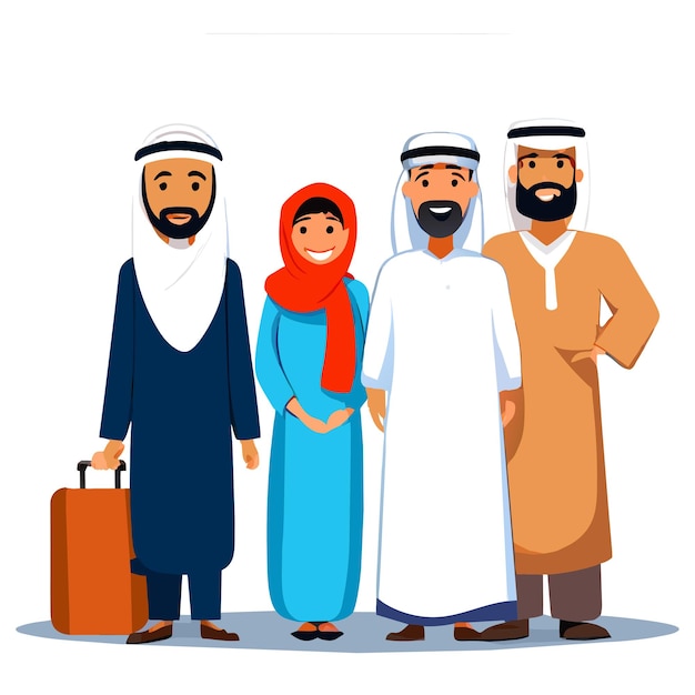 Vetor família árabe islâmica muçulmana desenhada à mão, plana, elegante, adesiva de desenho animado, conceito de ícone isolado