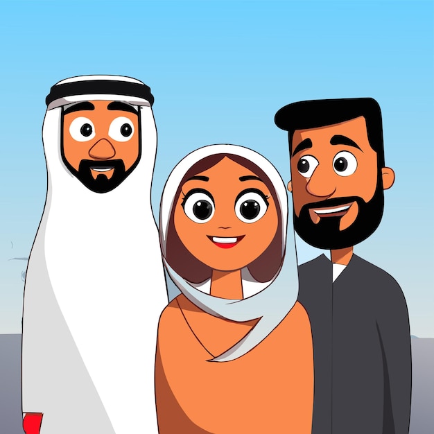 Família árabe islâmica muçulmana desenhada à mão, plana, elegante, adesiva de desenho animado, conceito de ícone isolado
