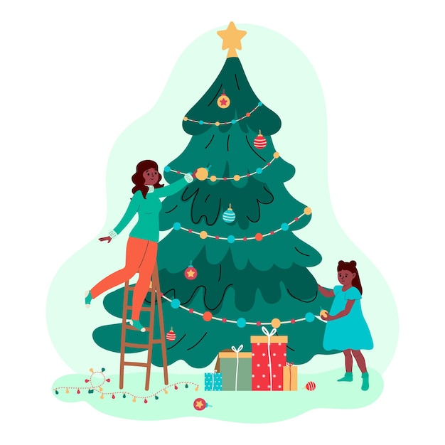 Família celebra o Natal Mãe e filha decoram a árvore de Natal
