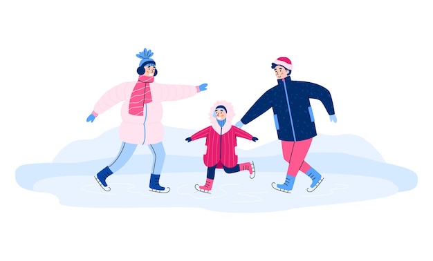 Família com criança patinando na ilustração vetorial dos desenhos animados da pista de gelo isolada