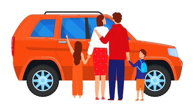 Vetor família com dois filhos aguardando pais e filhos em suv laranja prontos para uma viagem de fim de semana