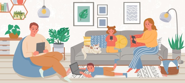 Família com gadgets. pais e filhos em casa usando smartphone, tablet e laptop para mídias sociais e jogos. conceito de vetor de vício do gadget. ilustração da casa da família junto com o telefone