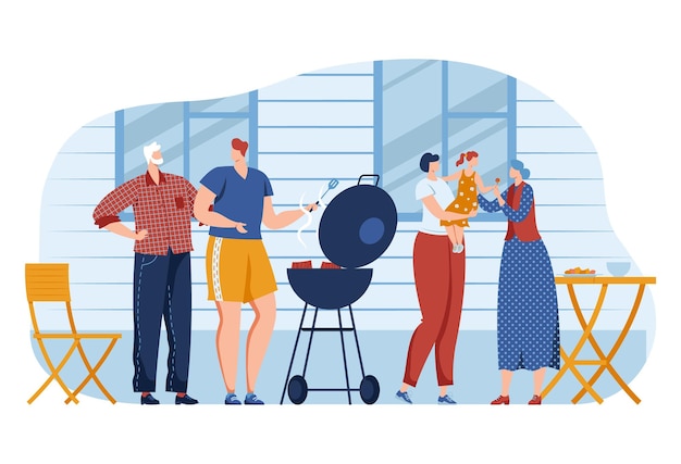 Família cozinhando comida de churrasco juntos no fim de semana de verão ilustração vetorial personagem de pessoas caucasianas sorrindo no lazer