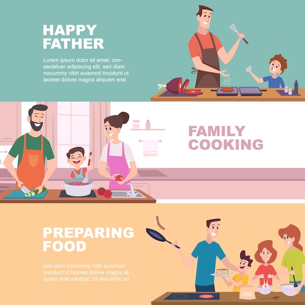 Família cozinhando mãe e pai ajudam as crianças a preparar bandeiras de vetores de alimentos com lugar para texto