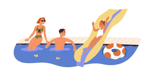 Família, criança no parque aquático aquático, criança feliz deslizando para baixo. mãe, pai, filha no parque aquático de diversões com toboágua nas férias de verão, feriado. ilustração em vetor plana isolada no fundo branco.