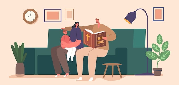 Família cristã reunida em torno de personagens absorvidos na leitura da Bíblia Seus rostos irradiam devoção e unidade criando uma atmosfera serena e espiritual Pessoas de desenho animado Ilustração vetorial
