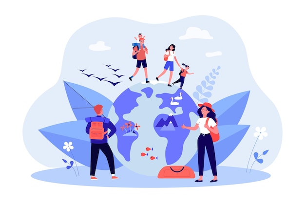 Família de caminhadas feliz andando na globo. Pai, mãe e filhos em viagem, mochileiro feminino pedindo carona para ilustração vetorial plana. Conceito de acampamento, natureza, aventura para banner ou página de destino
