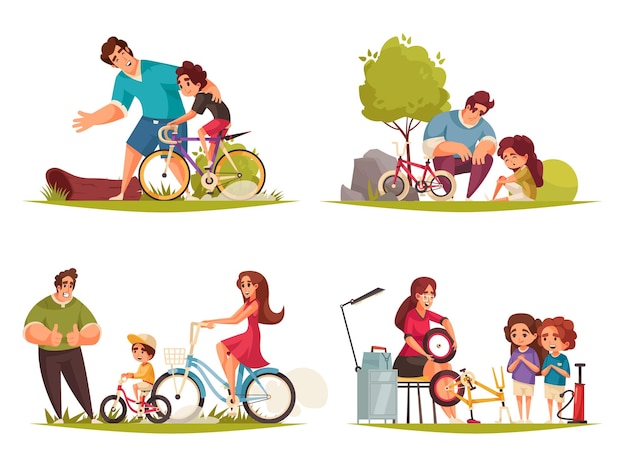 Vetor família de ciclo definida com símbolos de esporte e atividade ilustração vetorial plana isolada