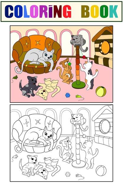 Família de desenhos animados de livros para colorir e cores para crianças na natureza mãe gato e gatinhos crianças